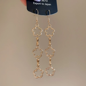 Detailed close-up of golden hollow flower tassel earrings hanging from a black tag
