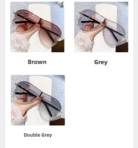 Détail de lunettes de soleil surdimensionnées marron et gris aux bords ondulés