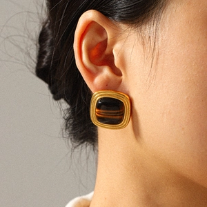 Vintage 18k gold plated stainless steel stud earring featuring a square tiger eye stone