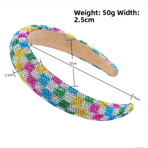 Detail of colorful rhinestone padded headband with 2.5cm width and 50g weight specs