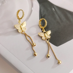 Elegant 18K gold-plated butterfly tassel earrings with cubic zirconia stones