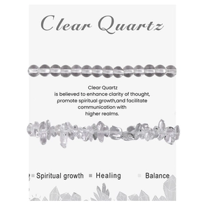 Detail of double-layer clear quartz bracelet set with round beads and irregular stone chips