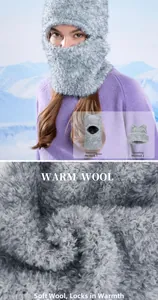 Close-up of grey plush knit balaclava showing soft texture and versatile wearing styles