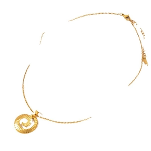 Minimalist gold spiral round pendant necklace with radiated texture on a fine chain