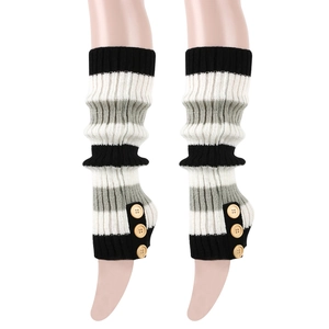 Close-up of knit leg warmer featuring grey stripe pattern and decorative wood buttons