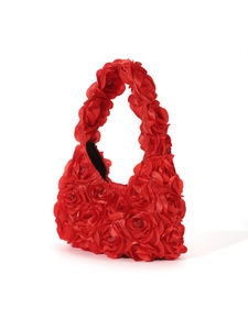 Red 3D rose satin crescent handbag for weddings with floral petal evening clutch details