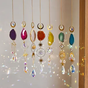 Moon and sun crystal suncatcher set with colorful natural agate slices and metal chains