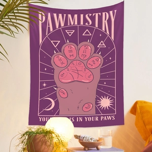 Detail of purple pawmistry tapestry with cosmic cat paw design for wall decoration