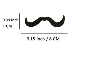 Detailed dimension guide for black fake mustache showing 8x1cm measurements on white background