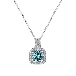 925 Sterling Silver necklace featuring square sky blue Moissanite pendant with halo