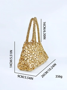 Details der goldenen Perlenhandtasche mit Maßen 26x16x9cm und Gewicht von 356g