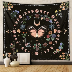 Butterfly Moon Phase Wall Tapestry Polyester Bohemian Mystic Floral Botanical Hanging Decor Bedroom Living Room