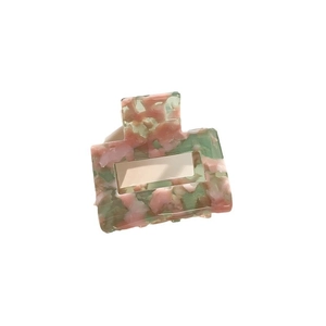 Elegant medium square floral acetate hair claw clip with pink and green marble pattern