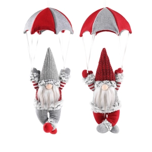 Christmas gnome parachute hanging ornaments in red and grey knitted fabric set of 2