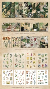 Detail view of vintage scrapbook stationery set with botanical and astronomical stickers
