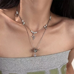 Double Layered Necklace With Imitation Artificial Pearl Star And Saturn Planet Pendant Droplet Zircon For Women Elegant Fashion