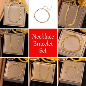 Elegant 18K gold and silver plated necklace and bracelet set with various link chains