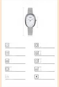 Silver oval watch with mother of pearl dial and mesh strap specifications detail
