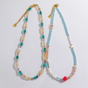 Handmade beaded necklace with natural stones, freshwater pearls and gold stainless steel