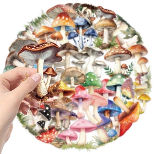 Close-up of waterproof cartoon mushroom stickers on hand showing size and PET material