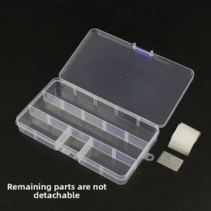Detail view of transparent plastic jewelry box with blue buckles and removable dividers