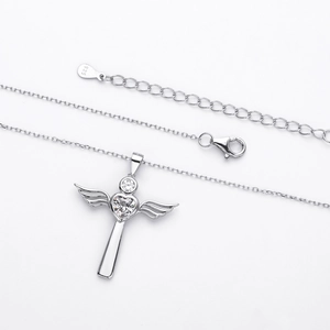 Elegant S925 sterling silver angel wing cross necklace with heart-shaped cubic zirconia