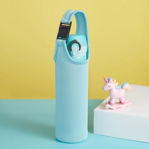 Light blue neoprene water bottle sleeve with adjustable black strap and buckle