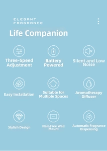 Wall-mounted smart aroma diffuser showing three-speed settings and silent operation icons