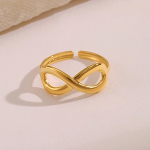 Minimalist gold infinity stainless steel adjustable ring with a high-polished finish