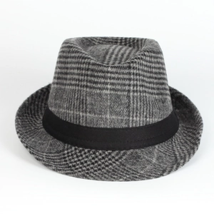 Detailed view of gray plaid wool fedora hat with a black decorative ribbon and texture