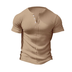Detail of khaki ribbed knit texture and three-button Henley neckline on men's slim fit T-shirt