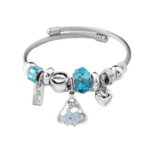 Colorful beaded bracelet with sky blue crystals and handmade heart charms on silver chain