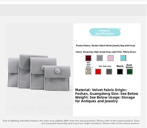 Macro view of plush velvet jewelry pouches in gray with snap button closures