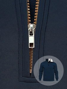 Detail of metal zipper and waffle knit texture on navy blue half-zip sweatshirt