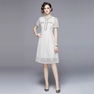 French Style Elegant Lace Midi Dress Round Neck Short Sleeve A-Line Hollow Out Artificial Pearl Button Decoration For Women