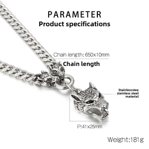 Detail of a titanium steel Cuban link necklace with three intricately carved wolf heads