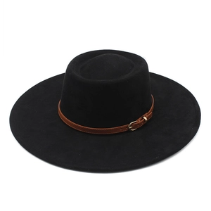 French style black wide brim fedora hat with brown leather band and gold buckle