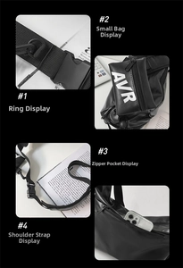 Detail of adjustable strap and detachable pouch on black waterproof nylon crossbody bag