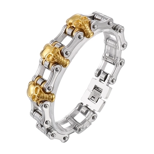 Men's hip hop skull bicycle chain bracelet in silver and gold 316L stainless steel