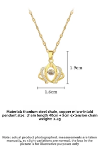 Detailed specs of crown pendant necklace with 1.6x1.9cm pendant and 40+5cm titanium chain