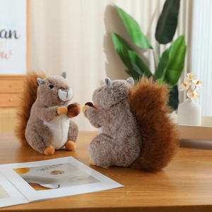 Realistic squirrel plush toys holding nuts on a wooden table in a warm home setting
