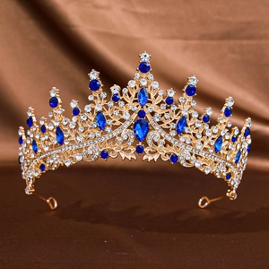 Golden Baroque bridal crown with deep blue rhinestones and sparkling crystals