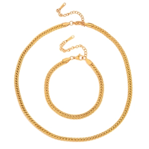 18K gold plated stainless steel necklace and bracelet set with elegant braided link design