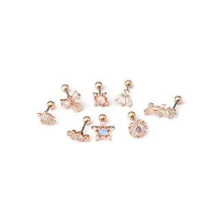 8pcs 20G rose gold stainless steel cartilage earrings set with cubic zirconia and star