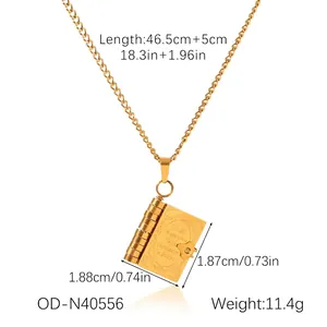 Detail of gold book pendant with For all those who found themselves in books engraving