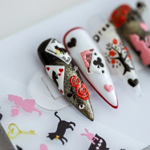 Japanese Alice in Wonderland style nail stickers featuring black cat and rose motifs.