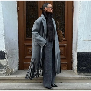 Women Street Fashion Long Woolen Coat With Fringe Tassel Hem Double Breasted Lapel Collar British Style Casual Winter Jacket