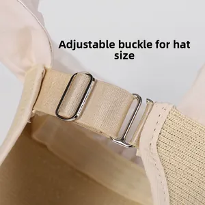 Detail of adjustable metal buckle and elastic strap on organza sun hat for custom sizing