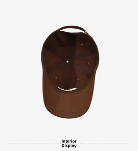 Interior view of brown cotton baseball cap showing six-panel stitch and seam tape