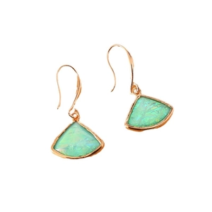 Elegant rose gold fan-shaped drop earrings with green opal inlay on white background